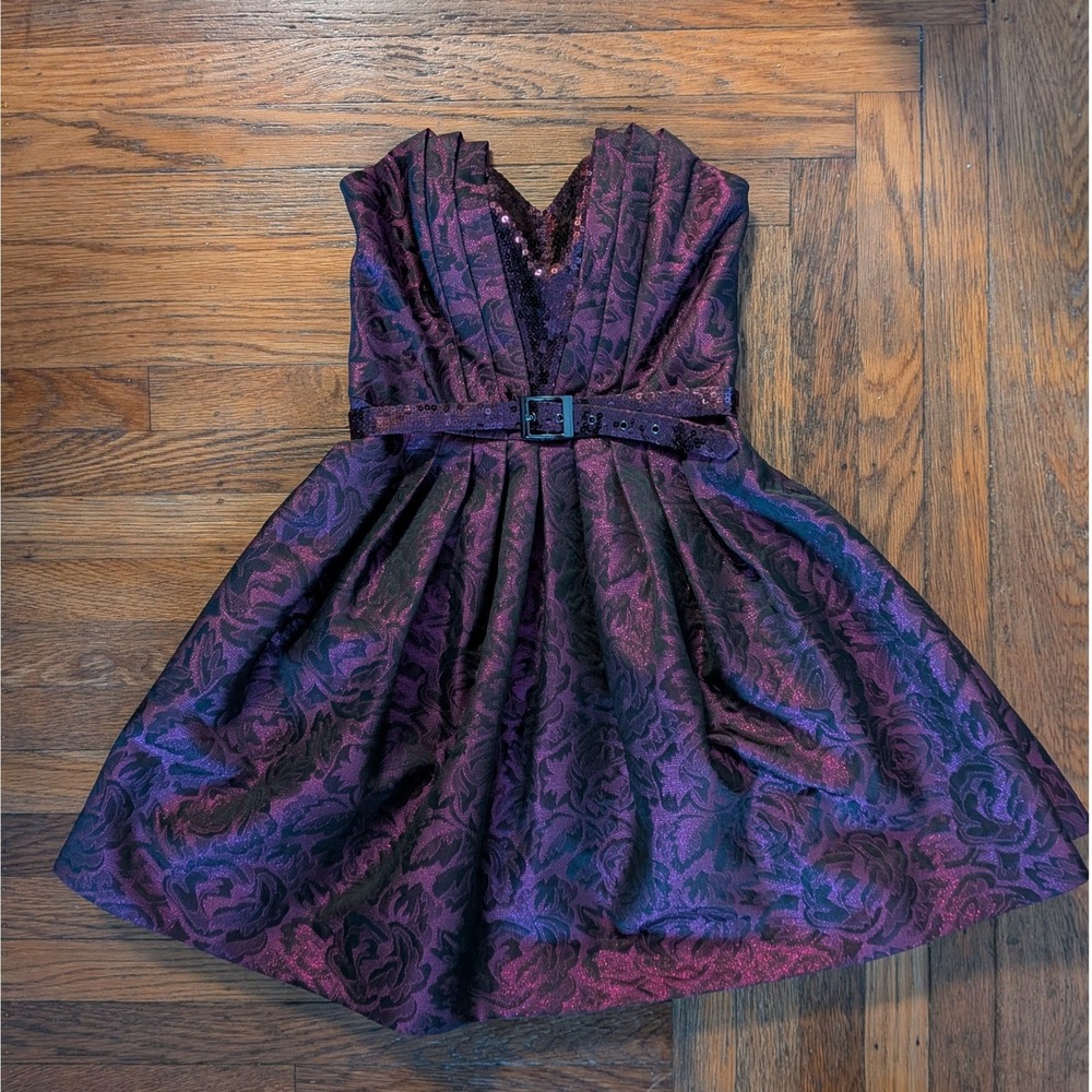 Betsey Johnson Purple Black Floral Brocade Strapless Rockabilly Cocktail Dress 2